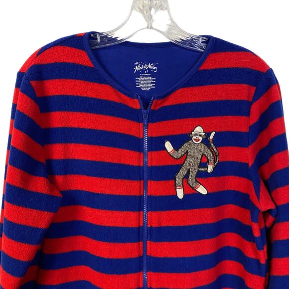 Adult NICK & NORA Sz S Sock Monkey One-Piece Pajamas Red Blue Stripe Fleece - Picture 2 of 11